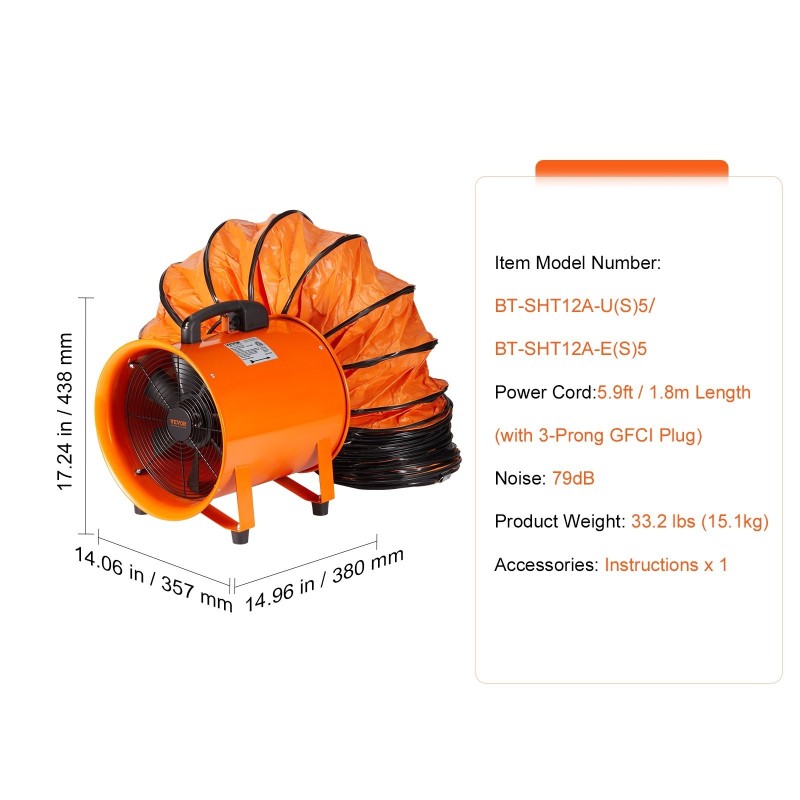 Siirrettävä teräsrunkoinen teollisuuspoistopuhallin 304,8 mm 5 m kanavalla 367 W teho