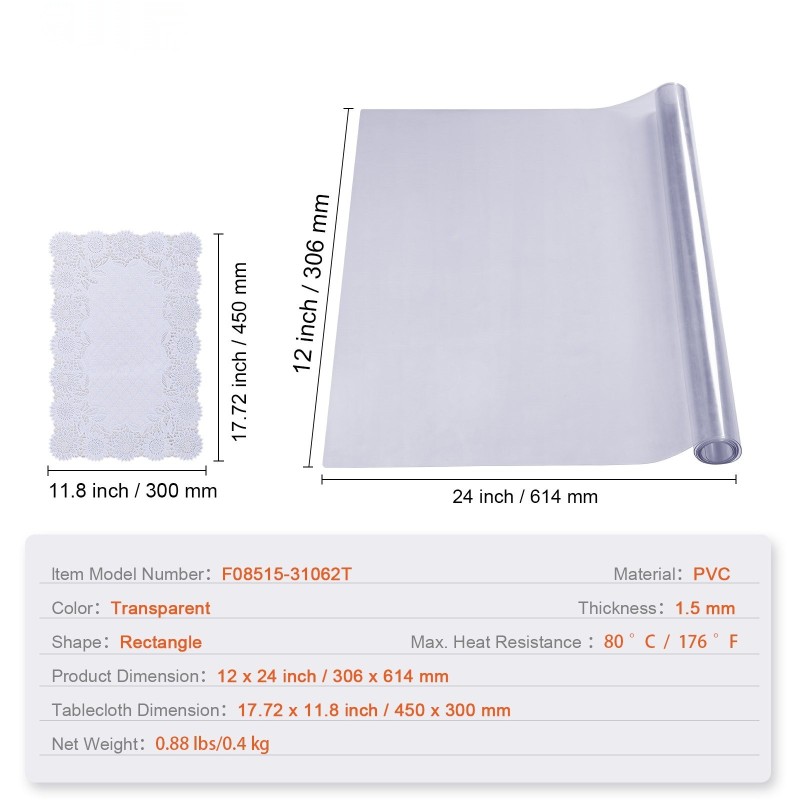 PVC läpinäkyvä pöydänsuojus 306 x 614 mm 1,5 mm kirjoitus ja ruokapöydille