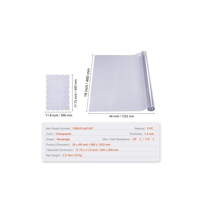 Pöydänsuoja läpinäkyvä PVC 460 x 1232 mm 1,5 mm ruokapöydälle