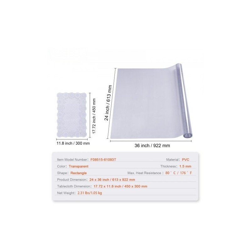 PVC-pöydänsuoja läpinäkyvä 613 x 922 mm 1,5 mm paksu ruokapöydälle