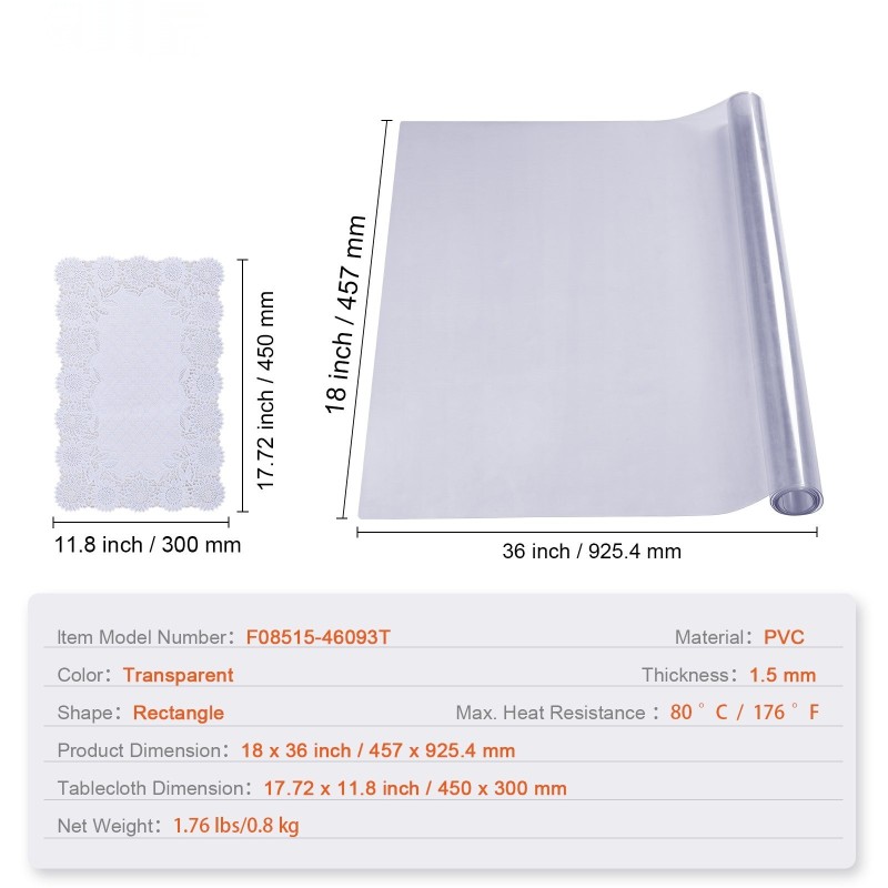 PVC-pöydänsuoja läpinäkyvä 457 x 925 mm 1,5 mm suorakulmio