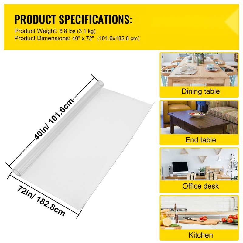Läpinäkyvä PVC-pöydänsuoja 101,6 x 182,8 cm 1,5 mm suorakulmainen sisältää 2 pöytäliinaa