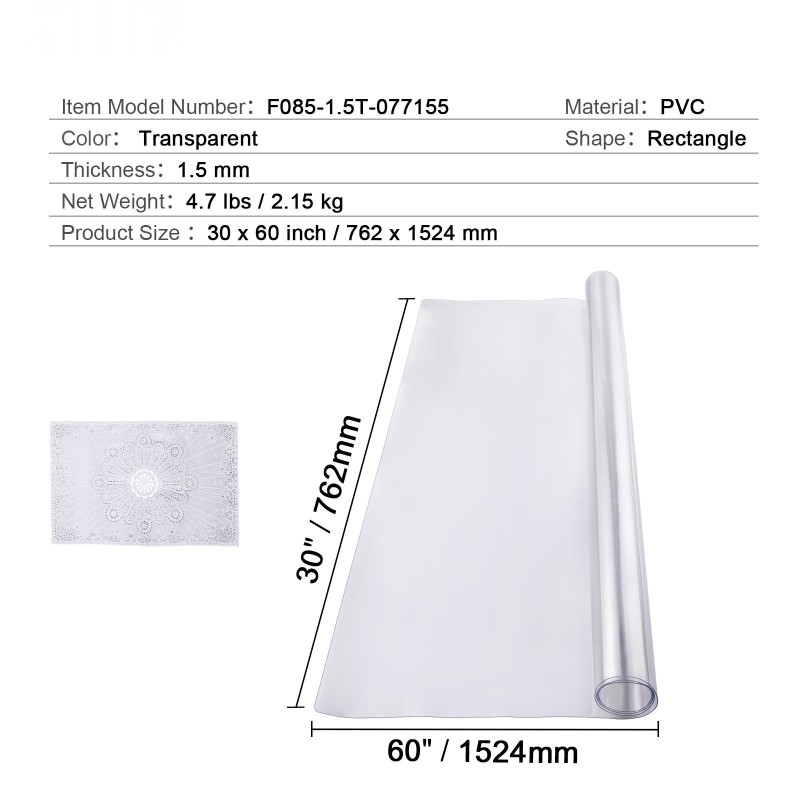 Pöydänsuoja PVC läpinäkyvä 762x1524 mm 1,5 mm paksu leikattava