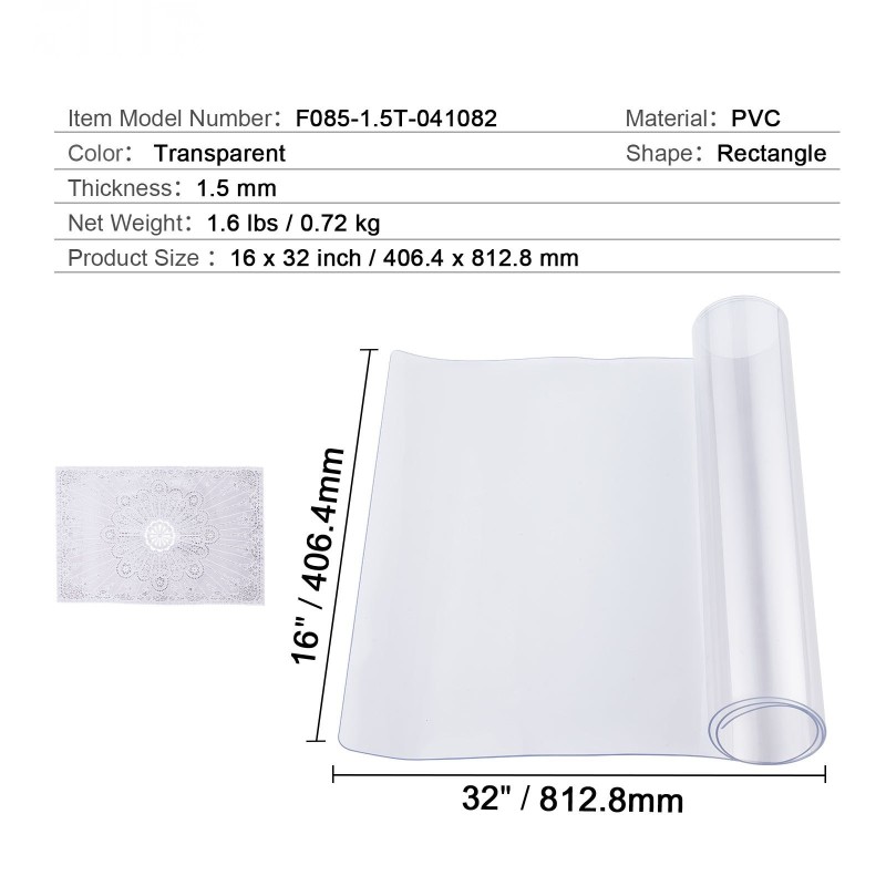 PVC-pöydänsuoja 16 x 32 tuumaa 1,5 mm läpinäkyvä vesitiivis