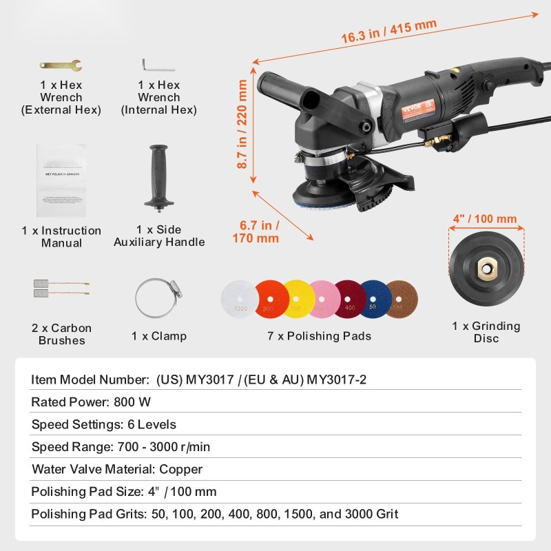 Märkäkiillotuskone 800 W 6-portainen nopeussäätö 7 kiillotuslaikkaa marmorille graniitille betonille laatoille