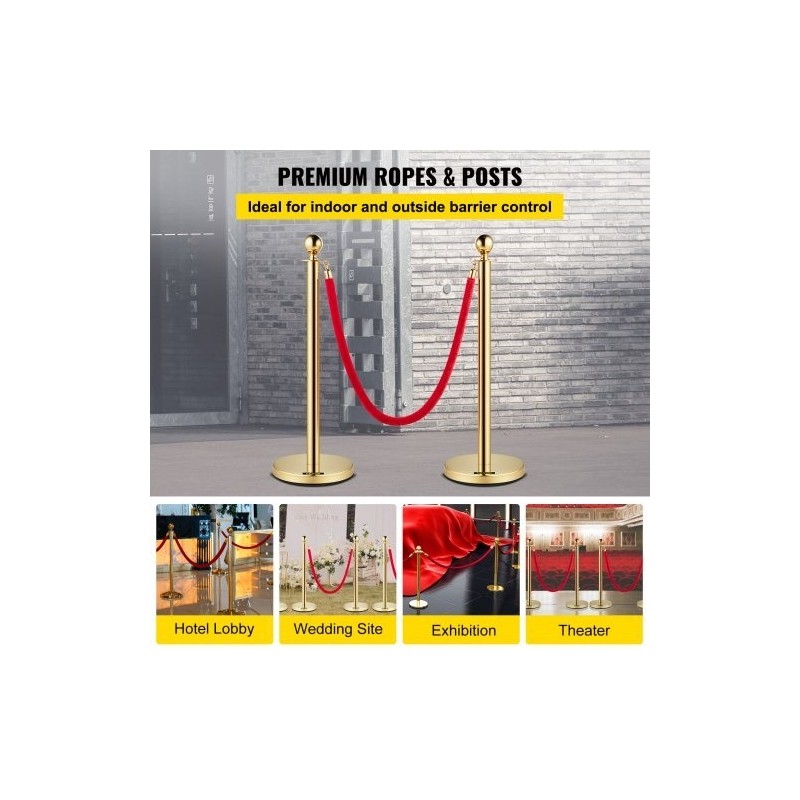 Jonotuspylvässetti ruostumattomasta teräksestä kaksi kultaisen väristä pylvästä puolentoista metrin punainen samettiköysi