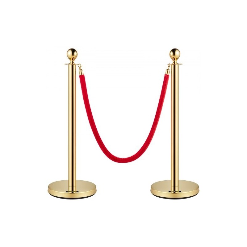 Jonotuspylvässetti ruostumattomasta teräksestä kaksi kultaisen väristä pylvästä puolentoista metrin punainen samettiköysi
