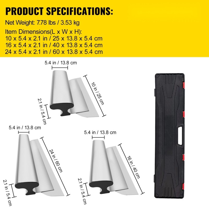 Tasoitusteräsetti kipsilevyille 3-osainen ruostumaton teräs alumiinikahva 25, 40 ja 60 cm