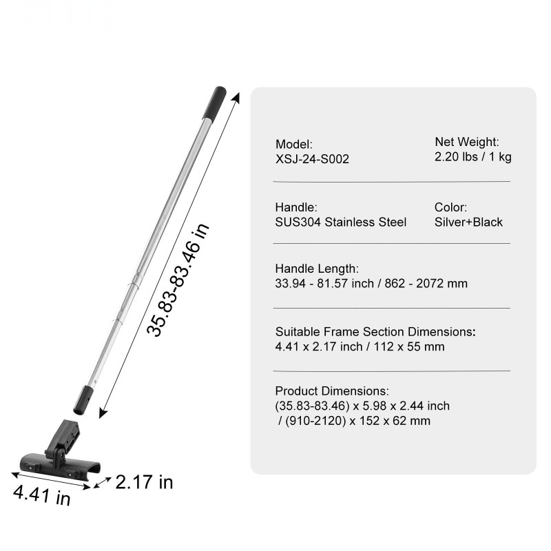 Tasoite ja lastasarja ruostumattomasta teräksestä teleskooppivarrella 862–2072 mm ilman terää