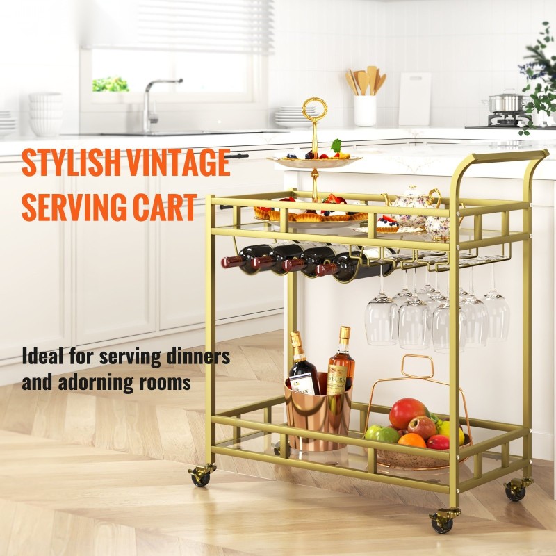 Tarjoiluvaunu kaksitasoinen kullanvärinen teräsrunko karkaistut lasihyllyt lukittavat pyörät viiniteline 4 pullolle