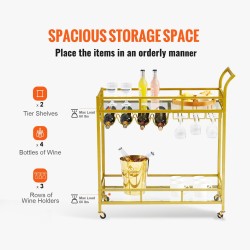 Tarjoiluvaunu kaksitasoinen kullanvärinen teräsrunko karkaistut lasihyllyt lukittavat pyörät viiniteline 4 pullolle
