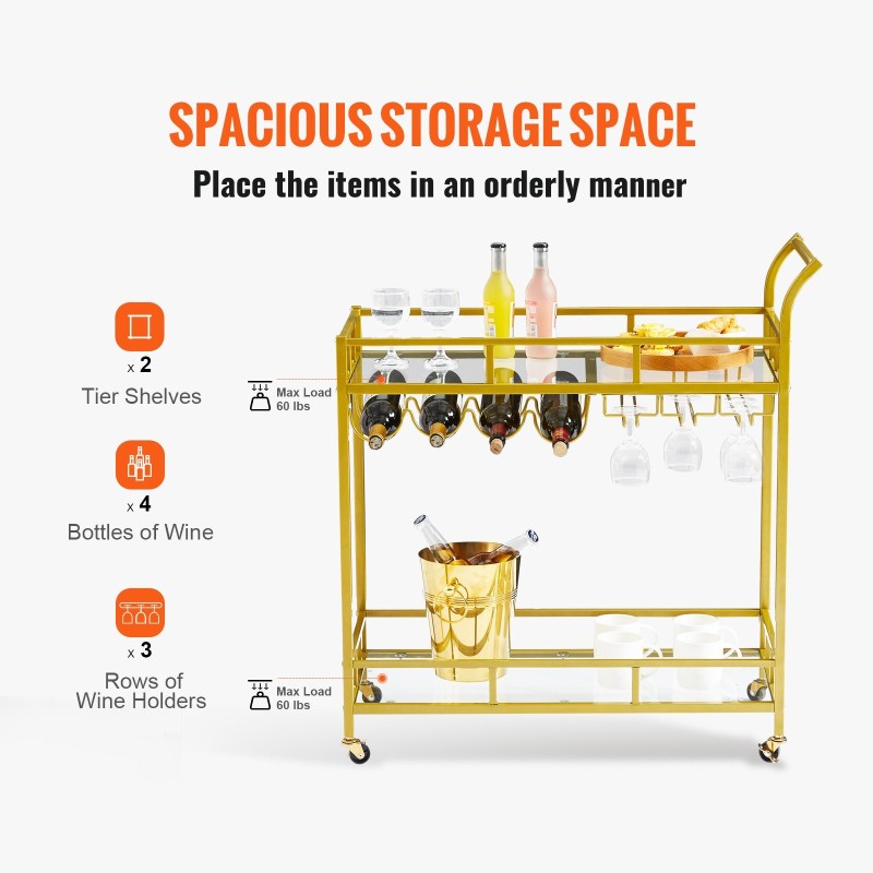 Tarjoiluvaunu kaksitasoinen kullanvärinen teräsrunko karkaistut lasihyllyt lukittavat pyörät viiniteline 4 pullolle