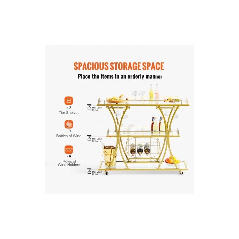 Kolmitasoinen kullanvärinen teräsrunkoinen baarikärry karkaistuilla lasihyllyillä ja lukittavilla pyörillä