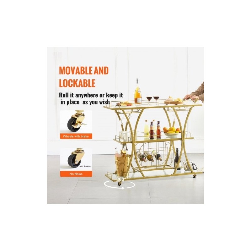 Kolmitasoinen kullanvärinen teräsrunkoinen baarikärry karkaistuilla lasihyllyillä ja lukittavilla pyörillä