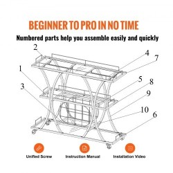Kolmitasoinen kullanvärinen teräsrunkoinen baarikärry karkaistuilla lasihyllyillä ja lukittavilla pyörillä