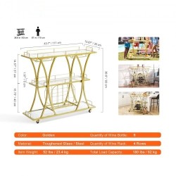 Kolmitasoinen kullanvärinen teräsrunkoinen baarikärry karkaistuilla lasihyllyillä ja lukittavilla pyörillä