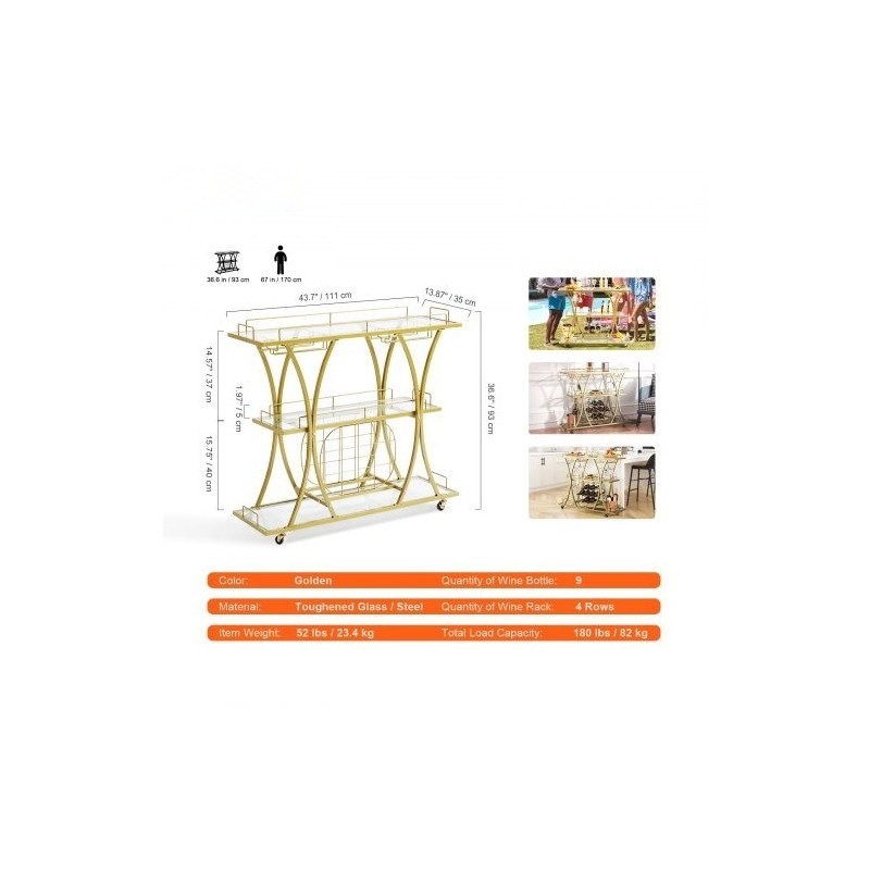 Kolmitasoinen kullanvärinen teräsrunkoinen baarikärry karkaistuilla lasihyllyillä ja lukittavilla pyörillä