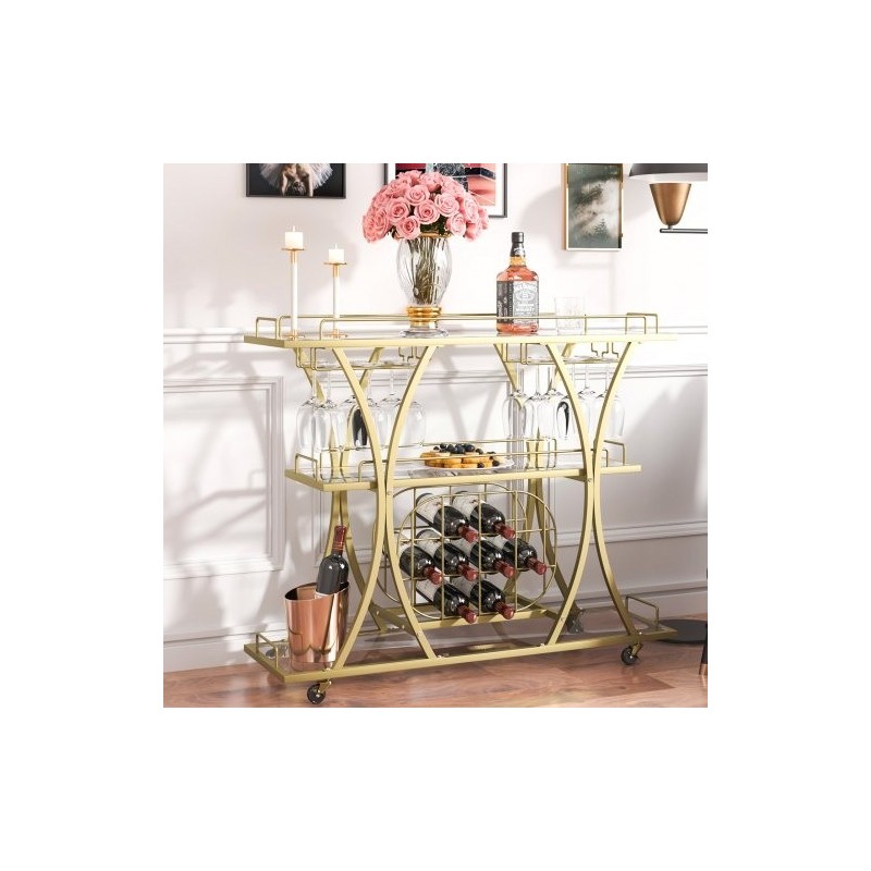 Kolmitasoinen kullanvärinen teräsrunkoinen baarikärry karkaistuilla lasihyllyillä ja lukittavilla pyörillä