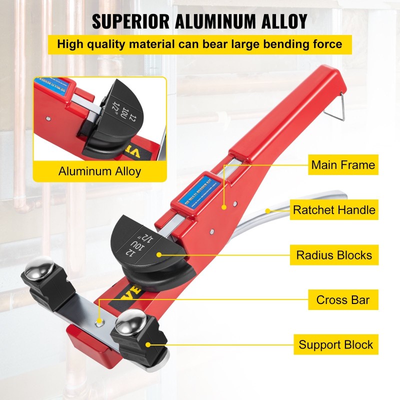 Manuaalinen räikkäputkentaivutin alumiinimuoteilla seitsemällä koolla 8–22 mm kuparille ja alumiinille