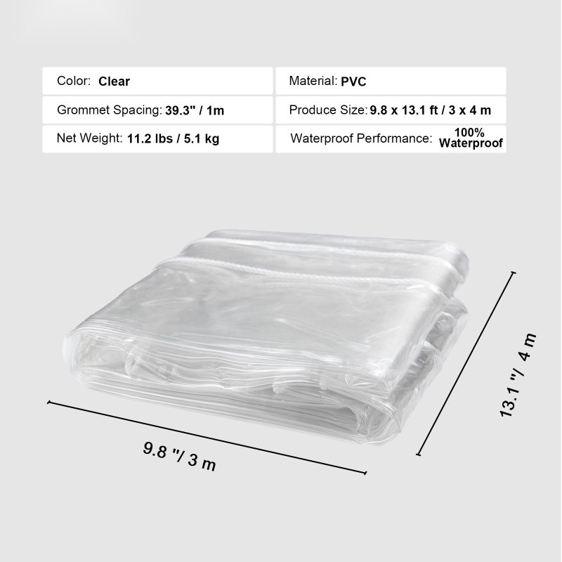 Läpinäkyvä PVC-pressu 3 x 4 m metallisilla purjerenkailla 100% vedenpitävä ulkokäyttöön