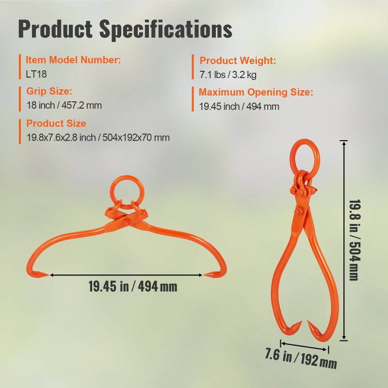 Tukinostopihdit teräksiset kaksipiikkiset 18 tuuman tartuntakoko 350 kg kantavuus