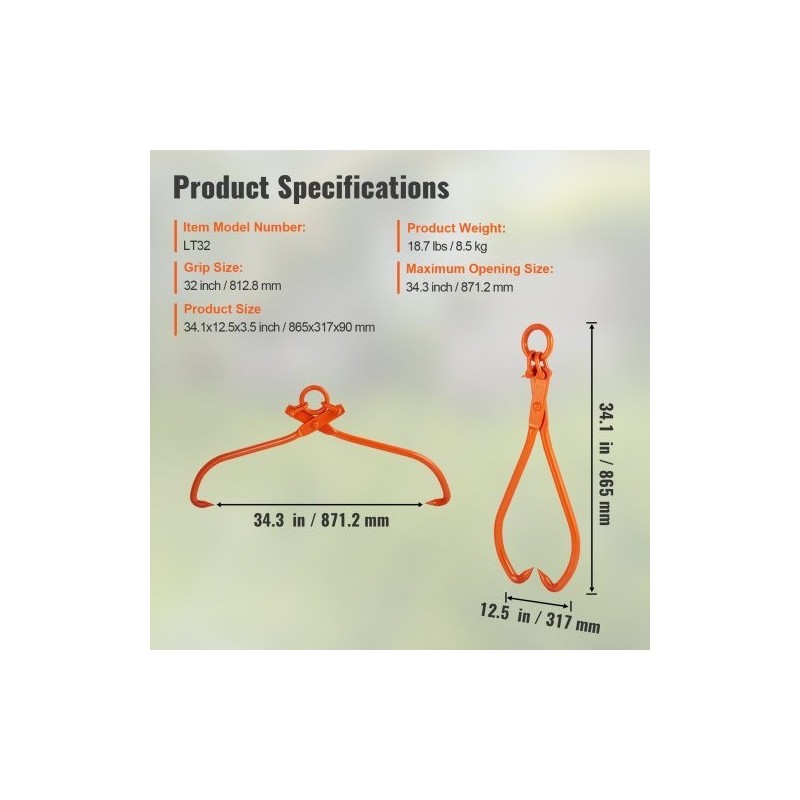 Puutavarapihdit teräksiset 32 tuuman tartunta 700 kg nostoon ja vetoon