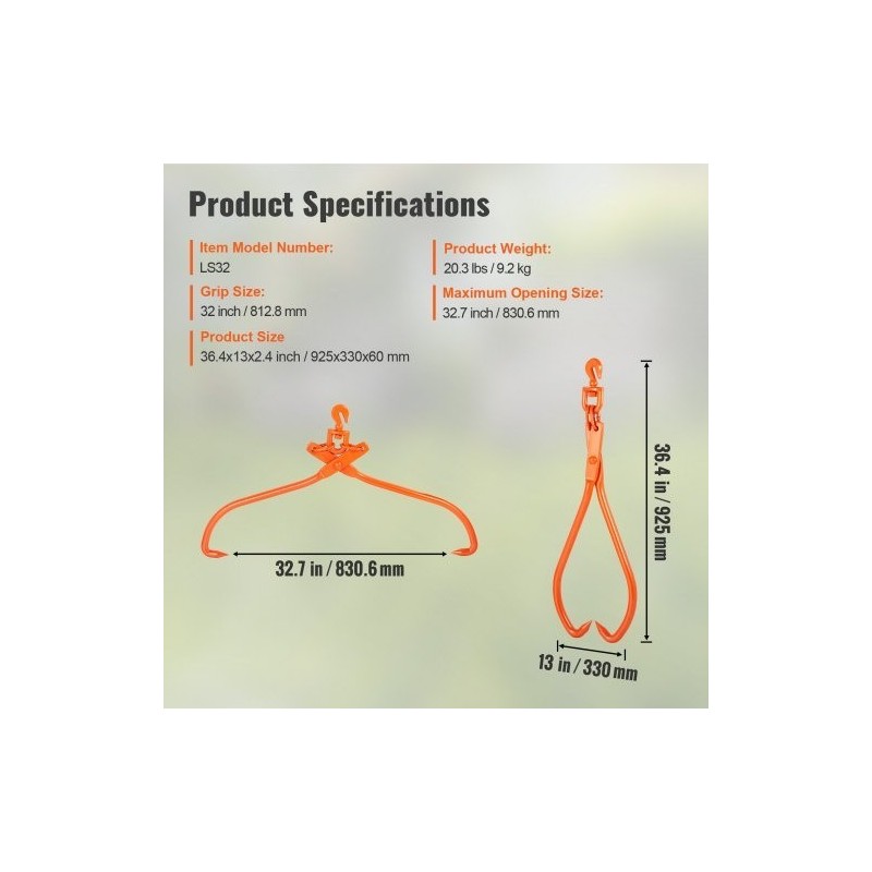 Teräksiset tukkikourat 32 tuuman tartuntakoolla kaksi koukkua 700 kg kantavuus