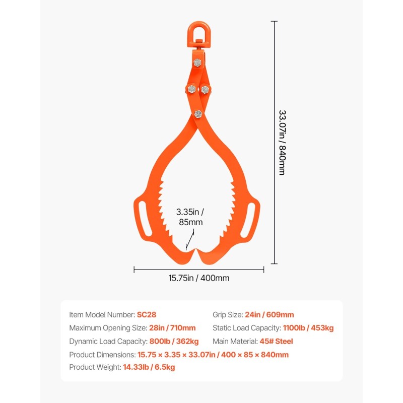 Puutavarapihdit kaksoispiikki taottu teräs 710 mm avaus 500 kg nostokyky