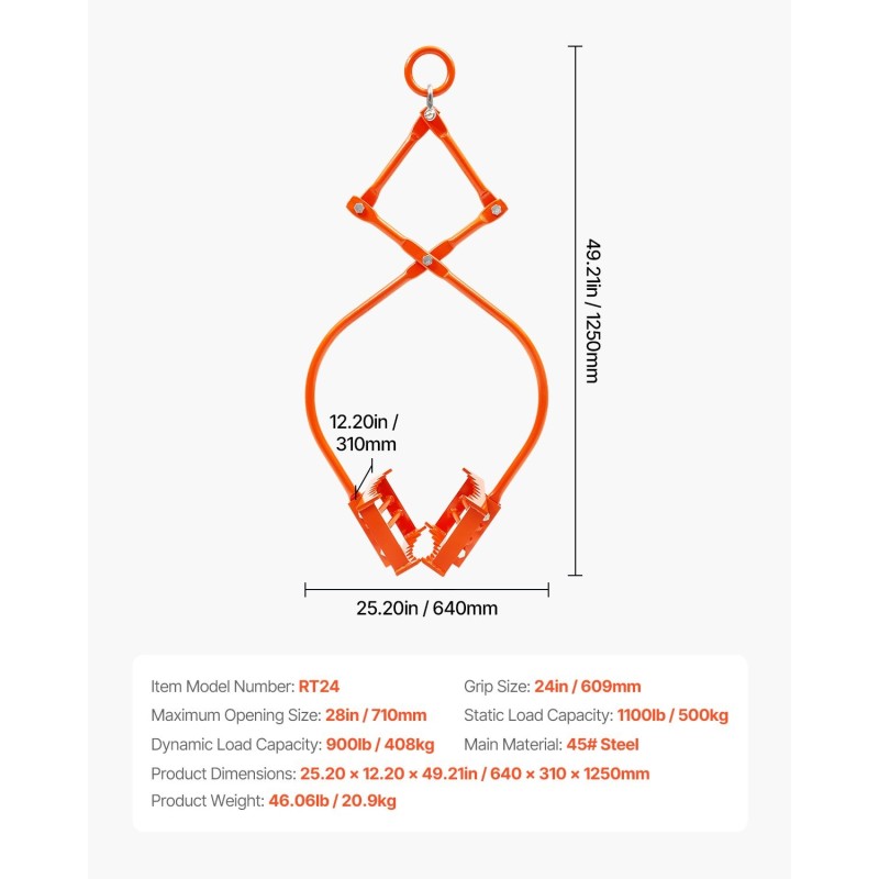 Kivinostopihdit teräs 609 mm 500 kg kantavuus kaksileukainen hammastettu