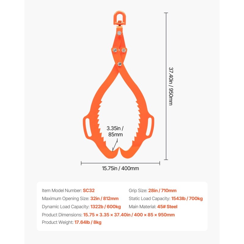 Puutavarapihdit 45 teräsrunko 2-koukkuiset kotkankynsimäiset maksimiavautuma 812 mm staattinen 700 kg