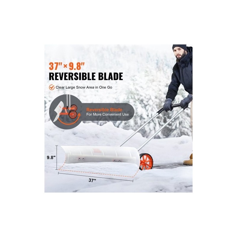 Lumilasta 37-tuumainen ABS-lapio 7-tuumaisilla pyörillä käännettävällä terällä U-muotoinen alumiinikahva