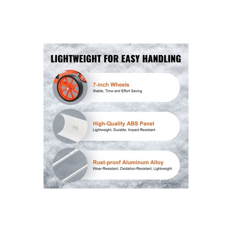 Lumilasta 37-tuumainen ABS-lapio 7-tuumaisilla pyörillä käännettävällä terällä U-muotoinen alumiinikahva