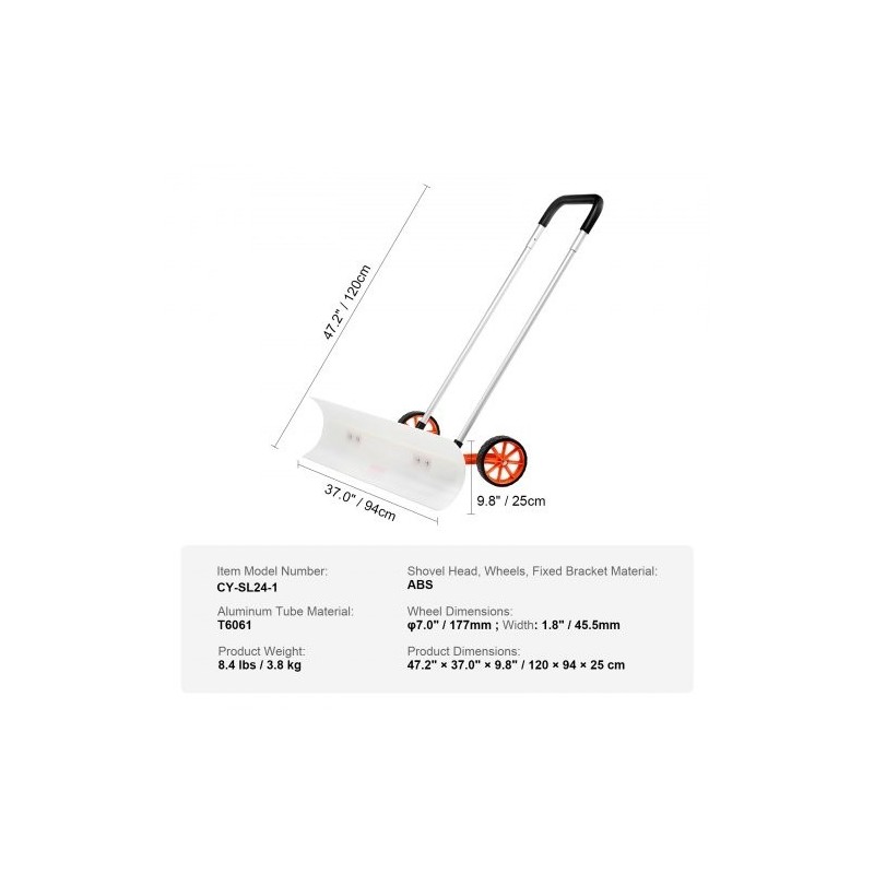 Lumilasta 37-tuumainen ABS-lapio 7-tuumaisilla pyörillä käännettävällä terällä U-muotoinen alumiinikahva