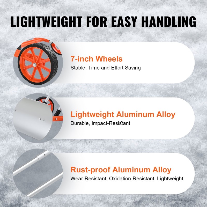 Lumityöntäjä 30-tuumainen kestävä alumiiniterä U-muotoinen kahva 7-tuumaiset pyörät