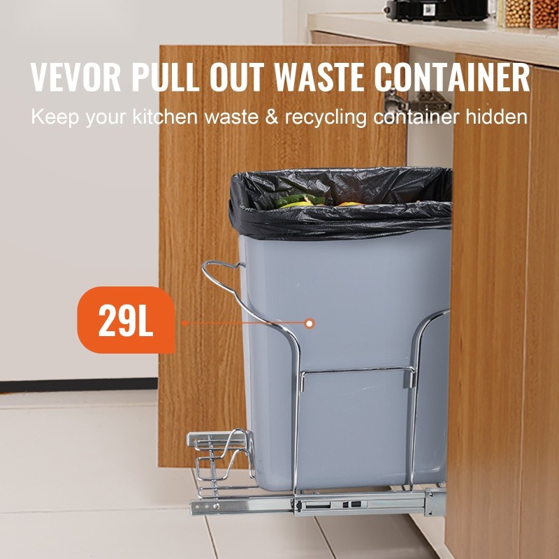 Vedettävä jäteastia 29 l PP-astiolla rautarungolla liukukiskoilla kahvalla alakaappiin