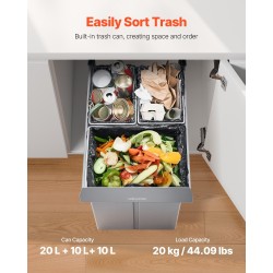 Vedettävä jäteastia keittiökaappiin 20+10+10 litraa PP-muovisilla säiliöillä ja rautakiskoilla