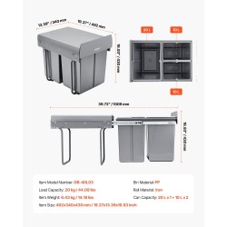 Vedettävä jäteastia keittiökaappiin 20+10+10 litraa PP-muovisilla säiliöillä ja rautakiskoilla