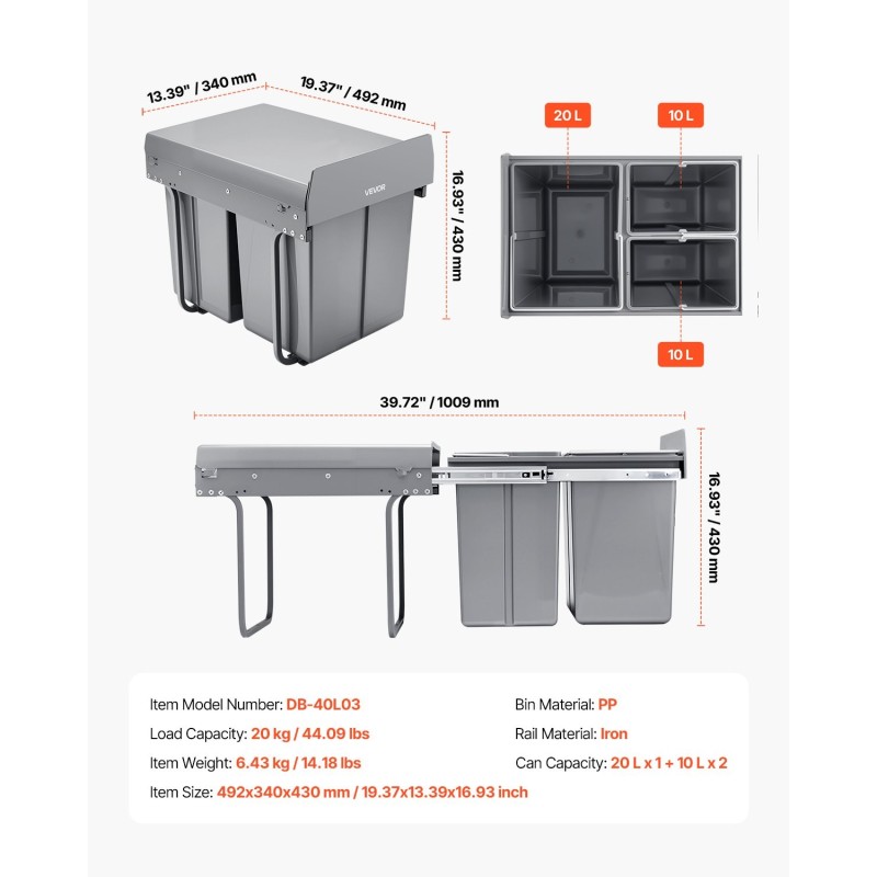 Vedettävä jäteastia keittiökaappiin 20+10+10 litraa PP-muovisilla säiliöillä ja rautakiskoilla