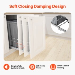 Ulosvedettävä kaksoisjäteastia keittiökaappiin noin 47 litraa kaksi astiaa harmaa pehmeästi sulkeutuva kisko