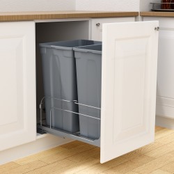 Ulosvedettävä kaksoisjäteastia keittiökaappiin noin 47 litraa kaksi astiaa harmaa pehmeästi sulkeutuva kisko