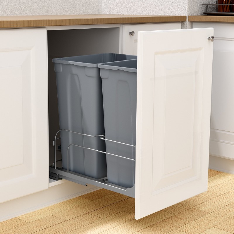 Ulosvedettävä kaksoisjäteastia keittiökaappiin noin 47 litraa kaksi astiaa harmaa pehmeästi sulkeutuva kisko
