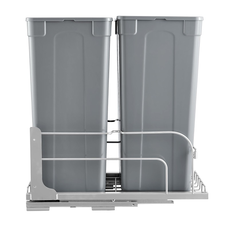 Ulosvedettävä kaksoisjäteastia keittiökaappiin noin 47 litraa kaksi astiaa harmaa pehmeästi sulkeutuva kisko
