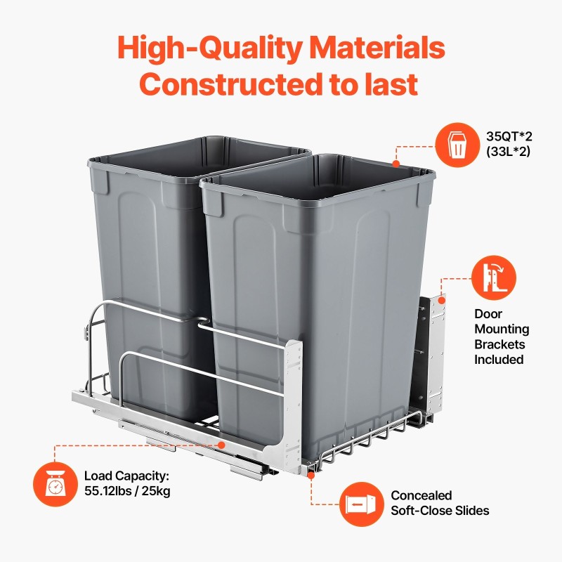 Ulosvedettävä kaksiosainen jäteastia polypropeeninen keittiökaappiin pehmeät kiskot