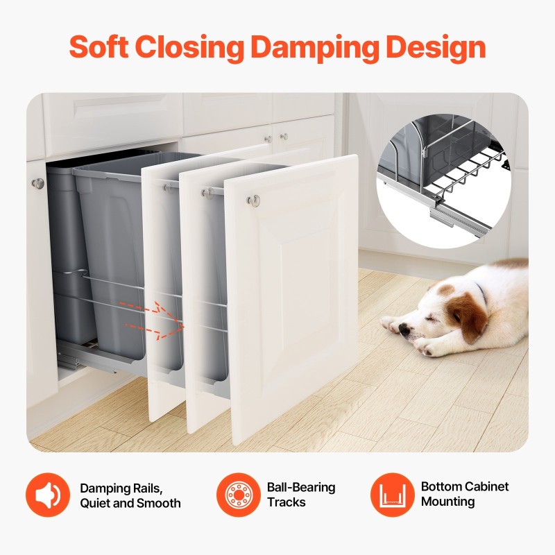 Ulosvedettävä kaksiosainen jäteastia polypropeeninen keittiökaappiin pehmeät kiskot