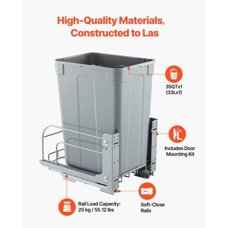Ulosvedettävä alakaapin jäteastia PP-muovi kolmenkymmenen kilogramman kantavuus pehmeästi sulkeutuvat rautakiskot