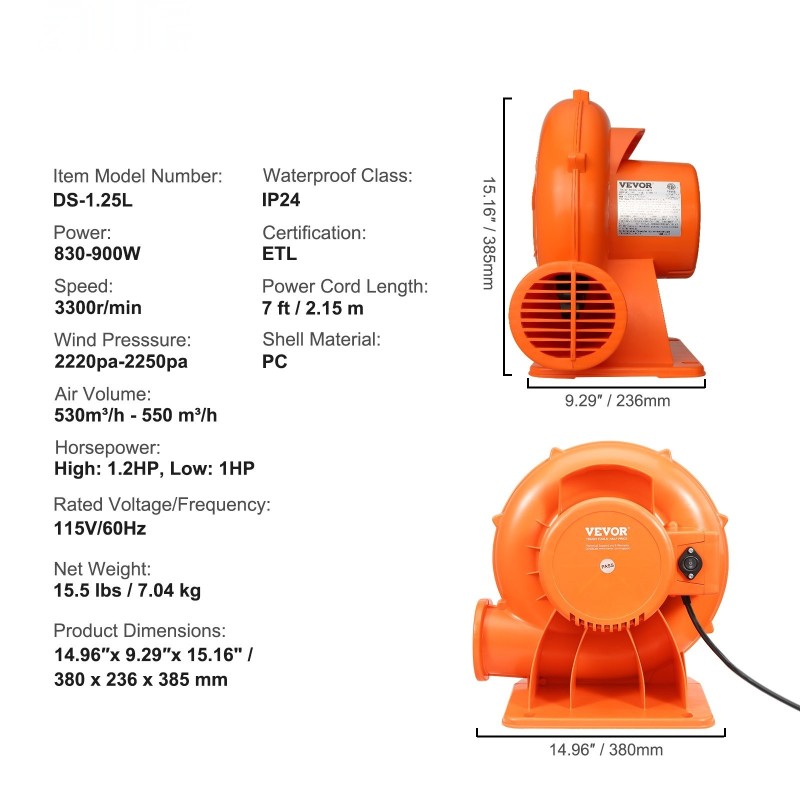 Ilmapuhallin pomppulinnalle 850 wattia ilmavirta 530-550 kuutiometriä tunnissa roiskevesisuojattu