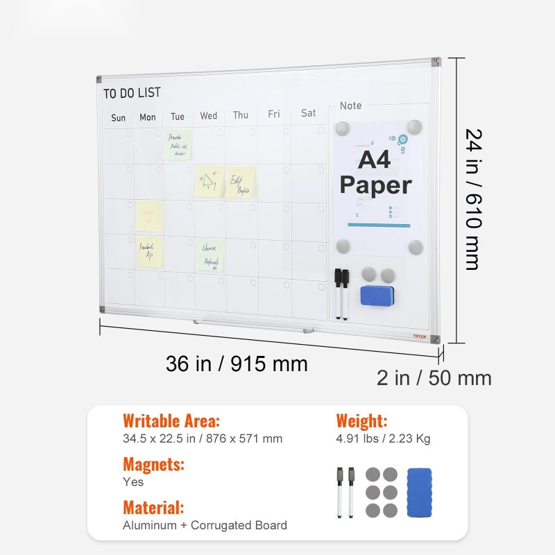 Magneettinen kuukausikalenteritaulu 915 x 610 mm alumiinikehys kuivapyyhittävä pinta