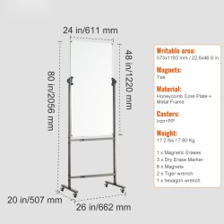 Kaksipuolinen magneettinen valkotaulu kennolevyllä ja metallirungolla 61x122 cm säädettävä korkeus pyörillä
