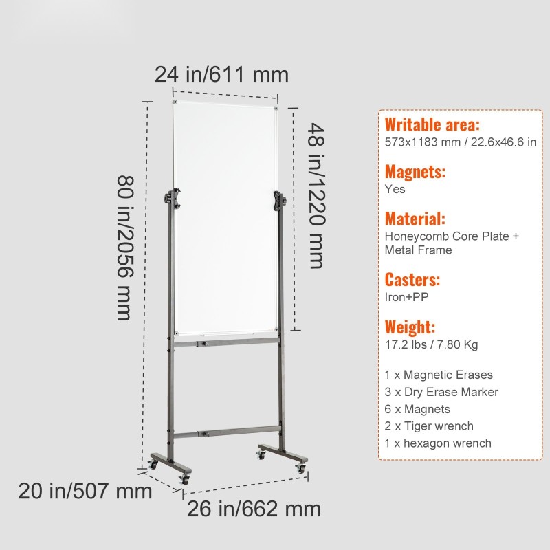 Kaksipuolinen magneettinen valkotaulu kennolevyllä ja metallirungolla 61x122 cm säädettävä korkeus pyörillä