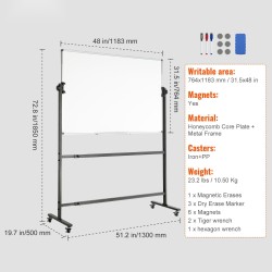 Kaksipuolinen magneettinen valkotaulu 48x32 tuumaa korkeussäädettävä pyörillä irrotettavalla tarviketasolla